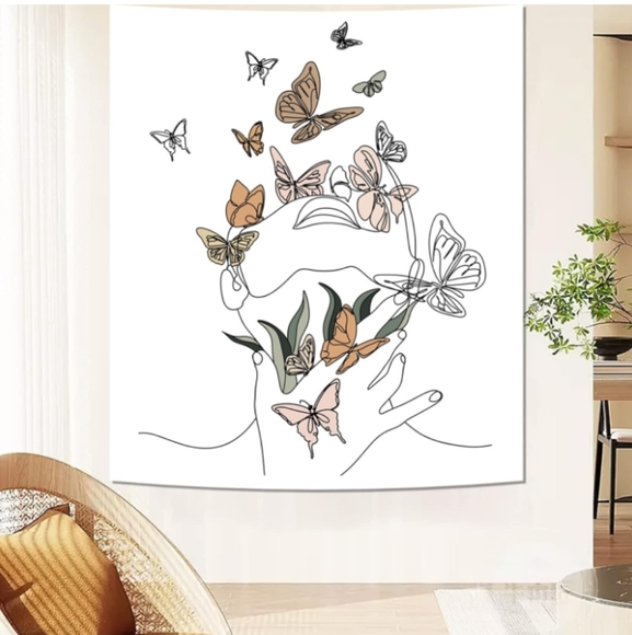 Line Art White Floral Wall Butterfly Tapestry Woman Abstract Face Butterflies - Picture 4 of 9
